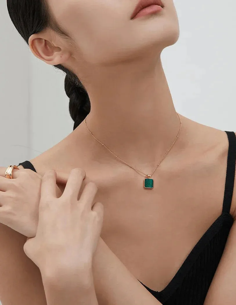 Serafina - Satellite Chain Square Malachite Pendant Necklace