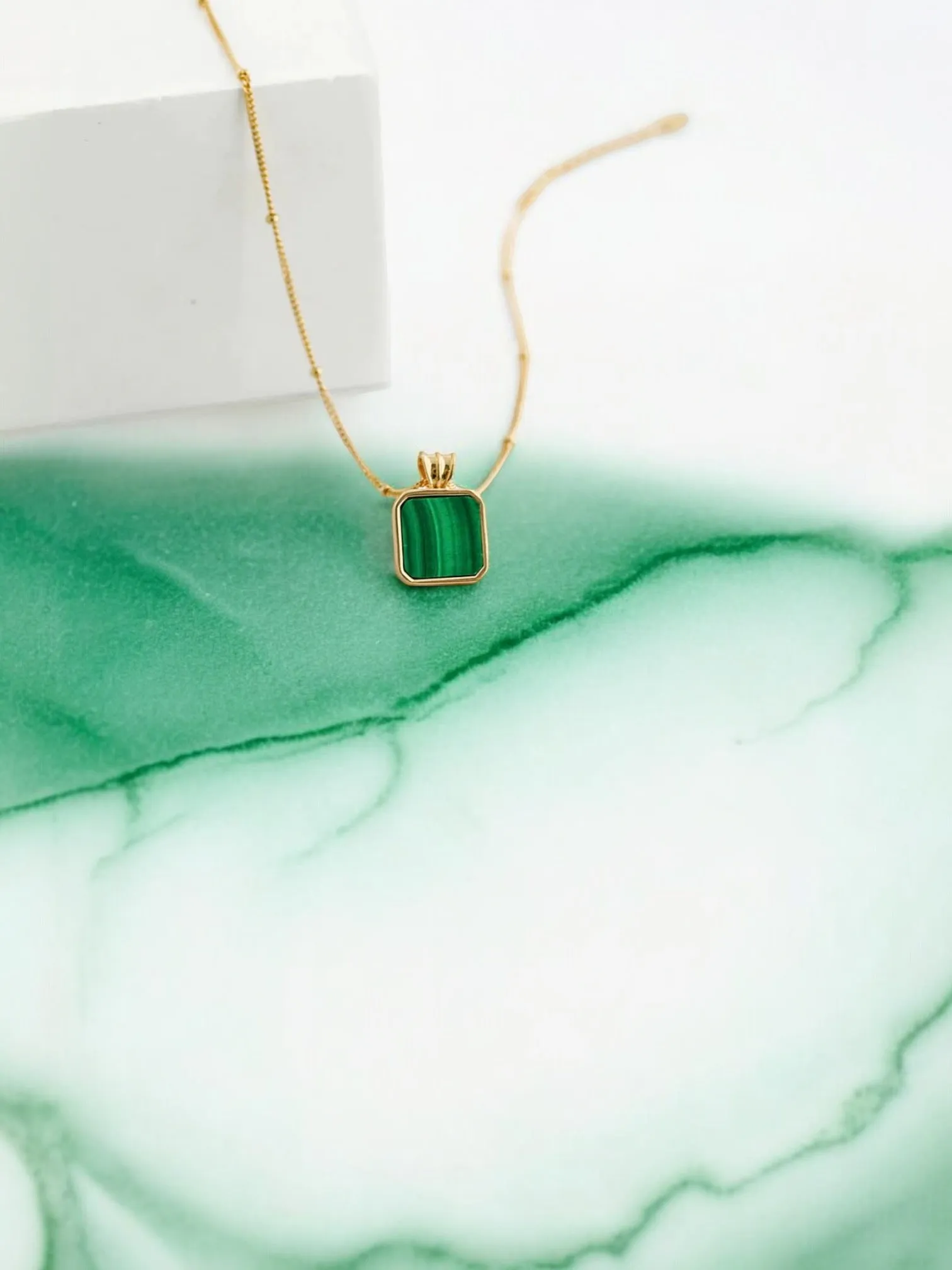 Serafina - Satellite Chain Square Malachite Pendant Necklace