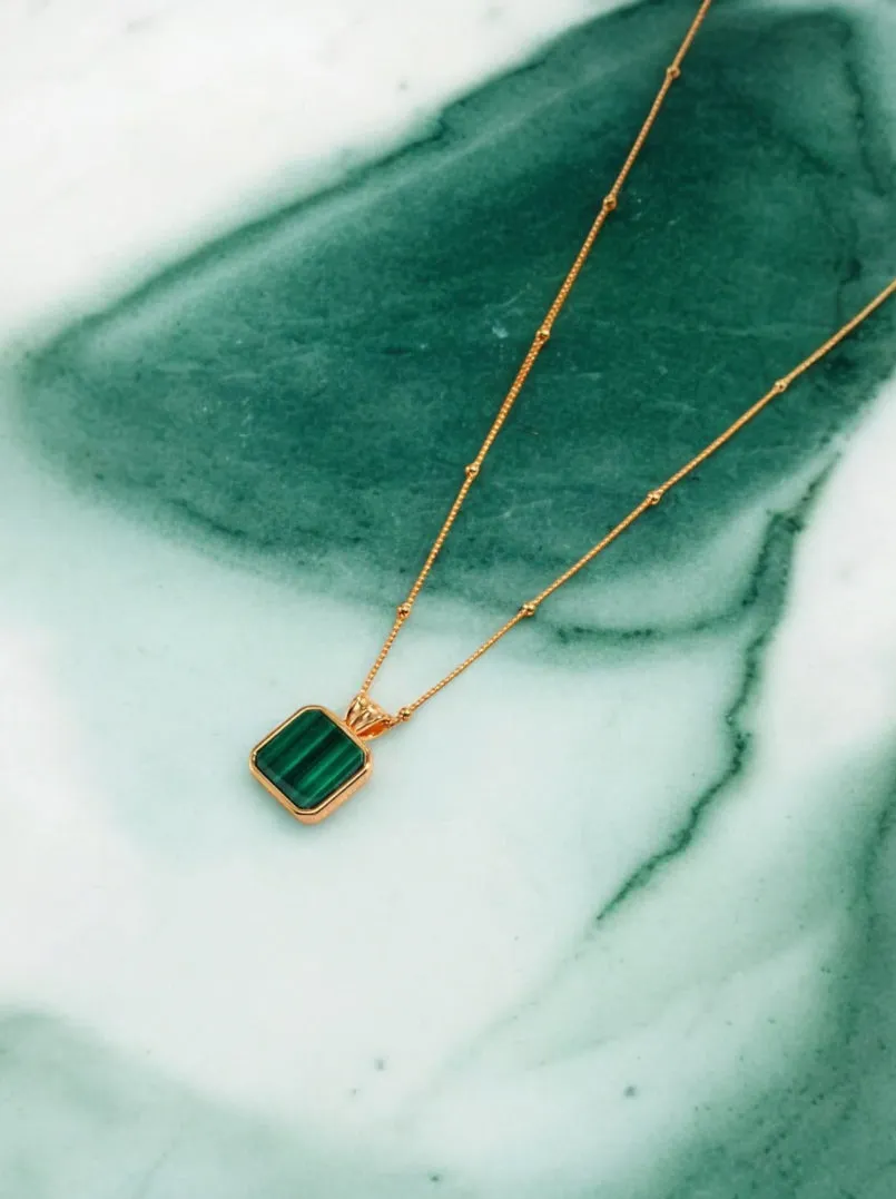 Serafina - Satellite Chain Square Malachite Pendant Necklace