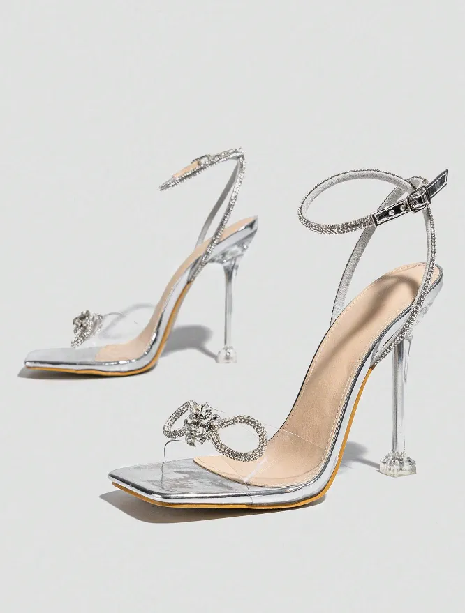 Silver Crystal Bow Transparent Square Toe Heels