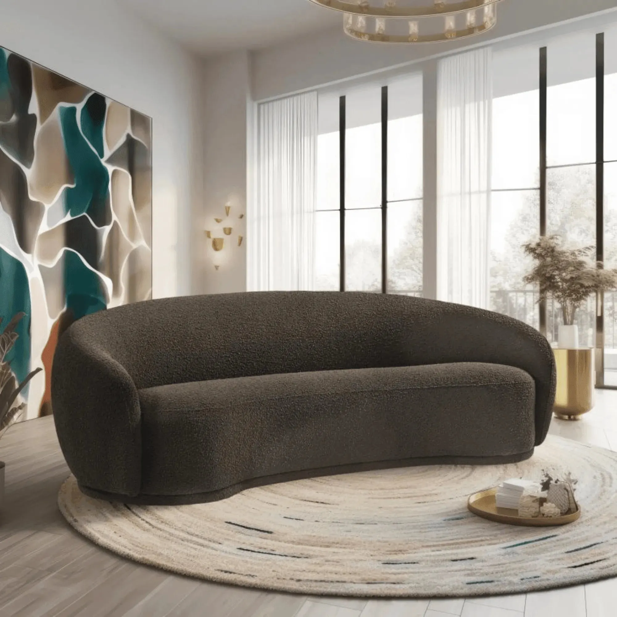 Snug Rounded Back Rich Brown Modern Boucle Sofa