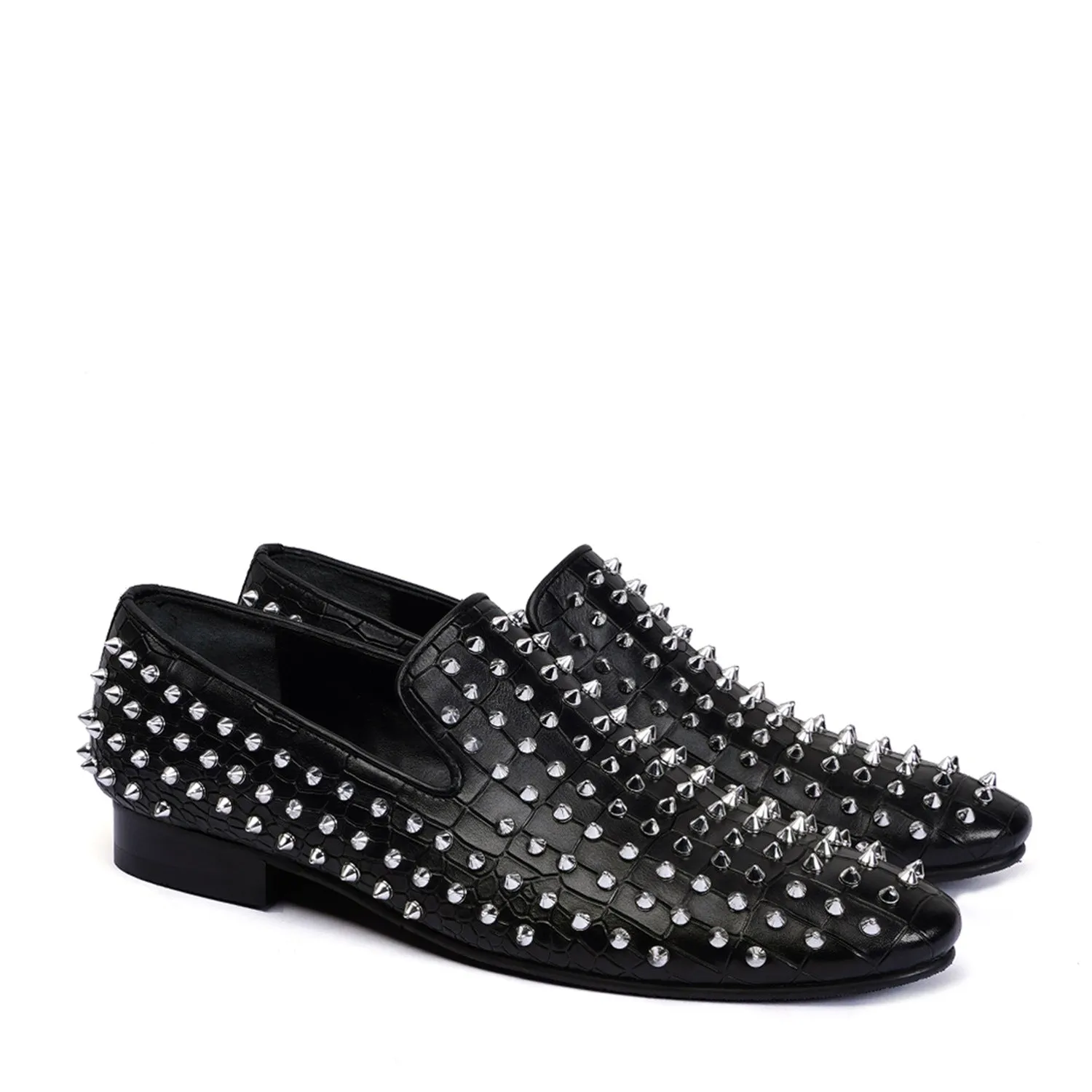 Studs Detailing Slip-On Shoe in Black Croco Textured