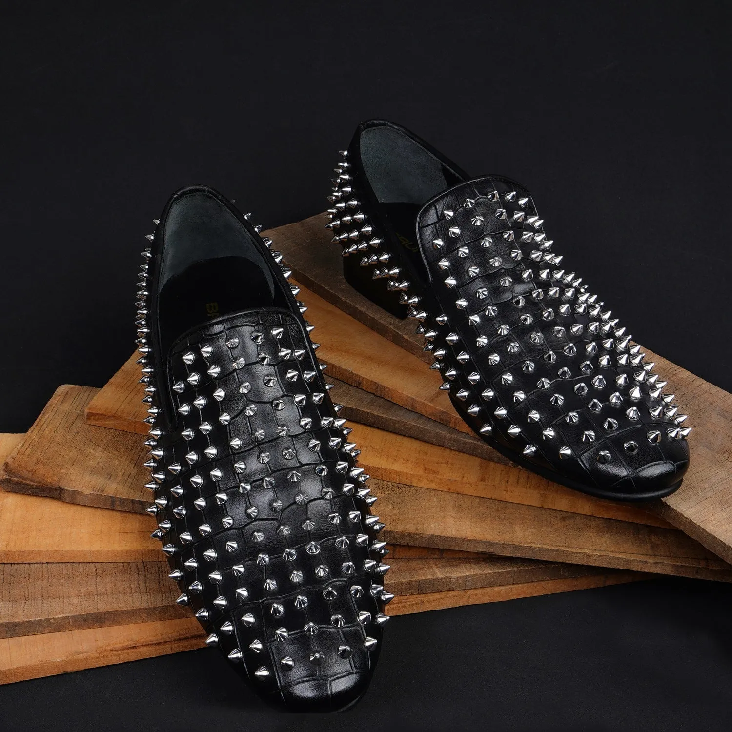 Studs Detailing Slip-On Shoe in Black Croco Textured