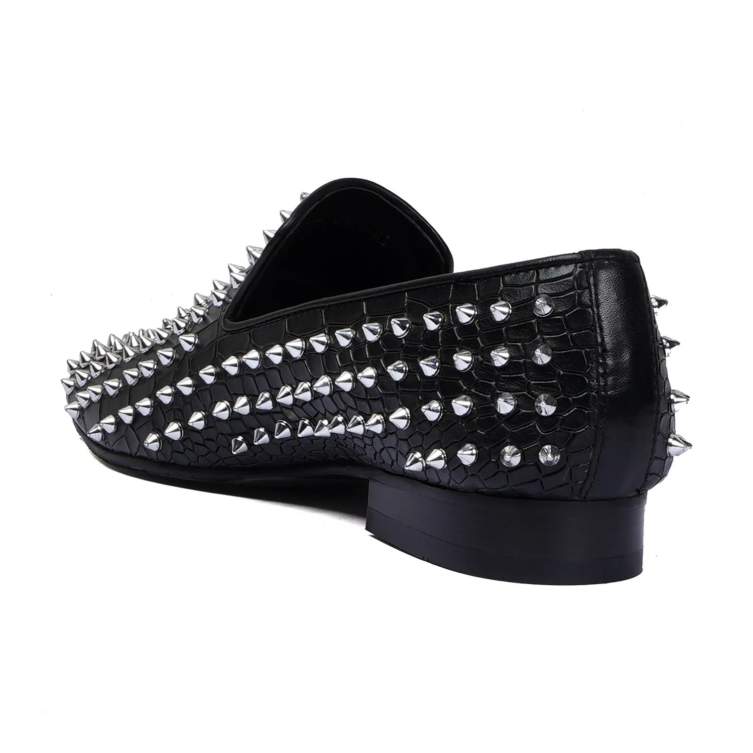 Studs Detailing Slip-On Shoe in Black Croco Textured