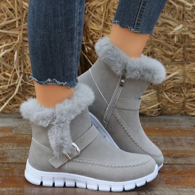 Thick color short boots with velvet and warm flat bottom