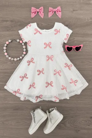 White & Pink Sequin Bow Dress