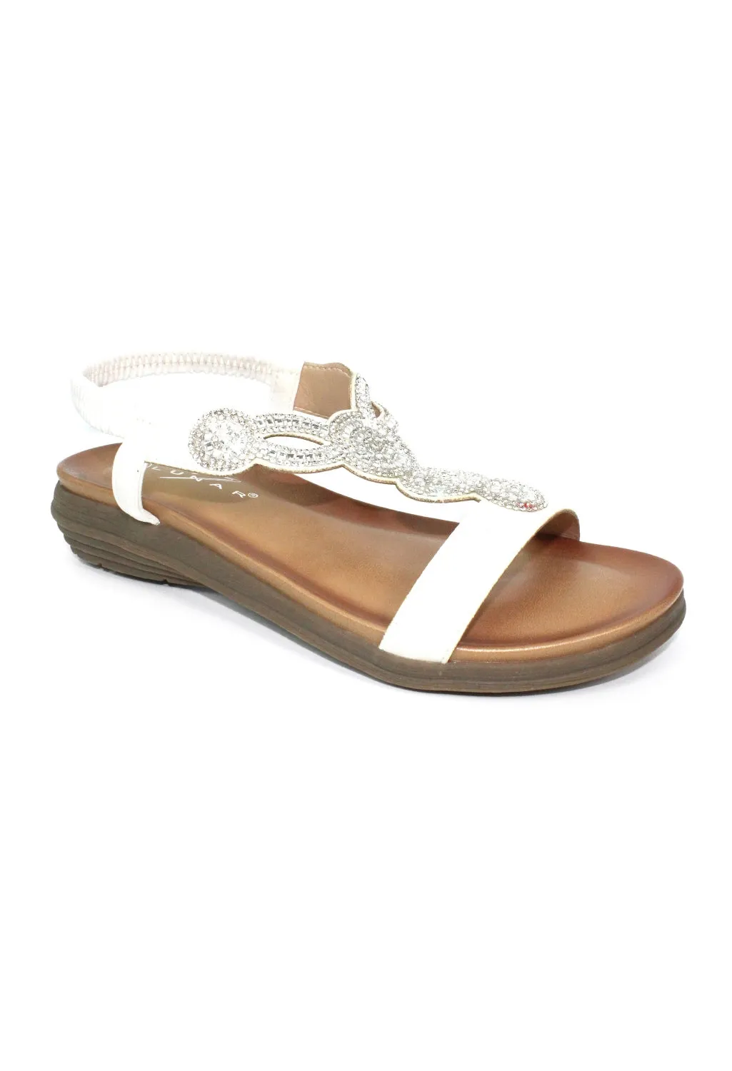 White T Strap Sandal with Diamante Detail